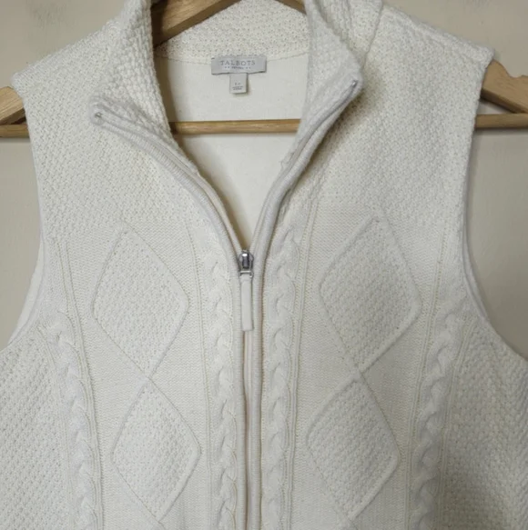 Talbots Petites Cable Knit Full Zip Vest Ivory Cream Jacket Cozy Classic Size PL - Picture 3 of 7